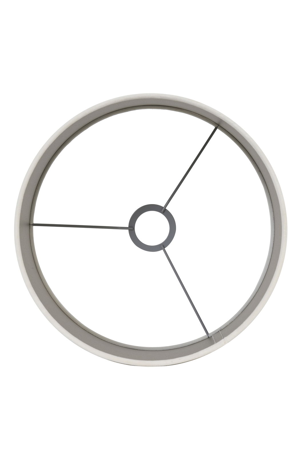 Ansicht von oben auf einen runden, weißen Lampenschirm mit Metallstreben.