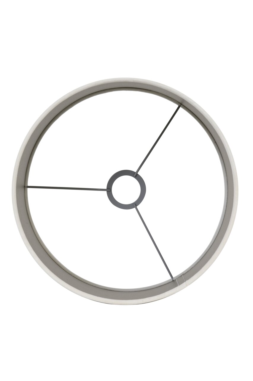 Ansicht von oben auf einen runden, weißen Lampenschirm mit Metallstreben.