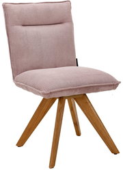 Moderner Stuhl mit rosa gepolstertem Sitz und Rückenlehne, sowie Holzbeinen in einem schrägen Design, seitliche Perspektive.