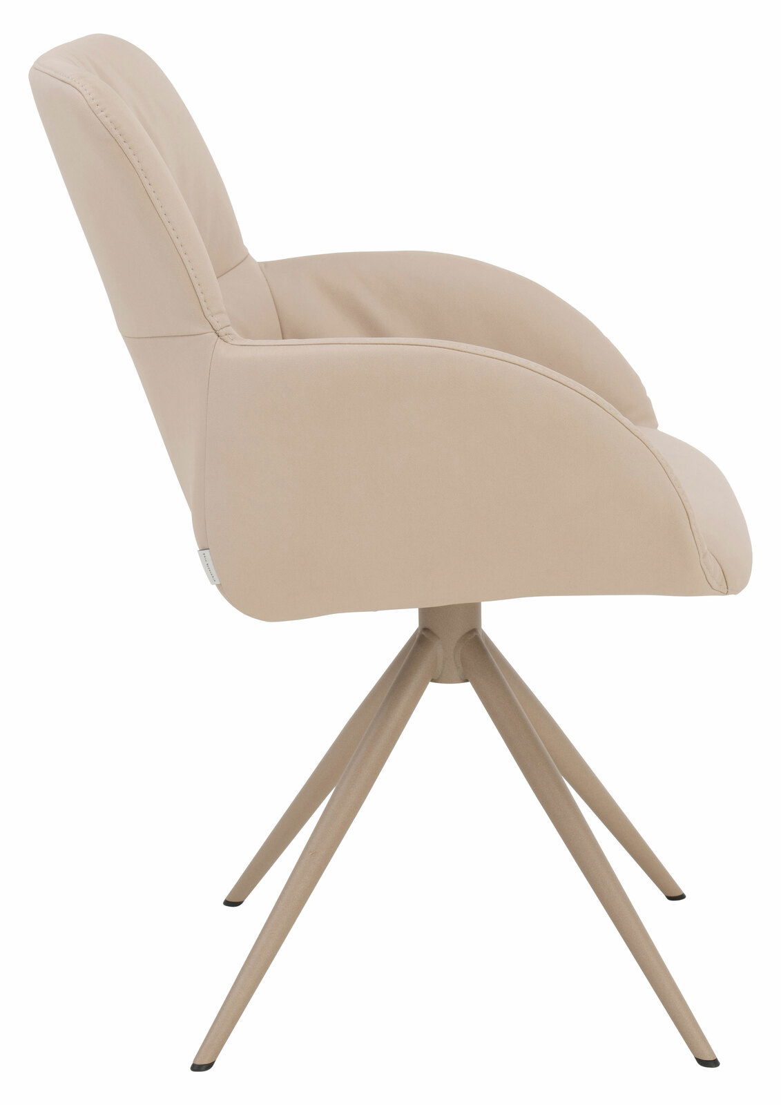 Seitenansicht eines beigen Armlehnstuhls mit vier Beinen und modernem Design.