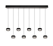 Moderne Pendelleuchte mit acht kugelförmigen Lampen, von der Vorderseite betrachtet.