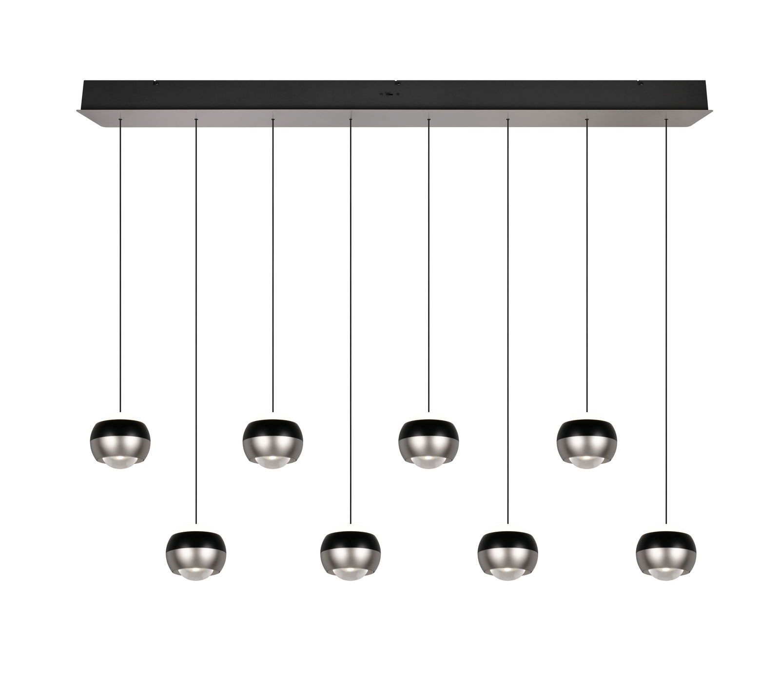 Moderne Pendelleuchte mit acht kugelförmigen Lampen, von der Vorderseite betrachtet.