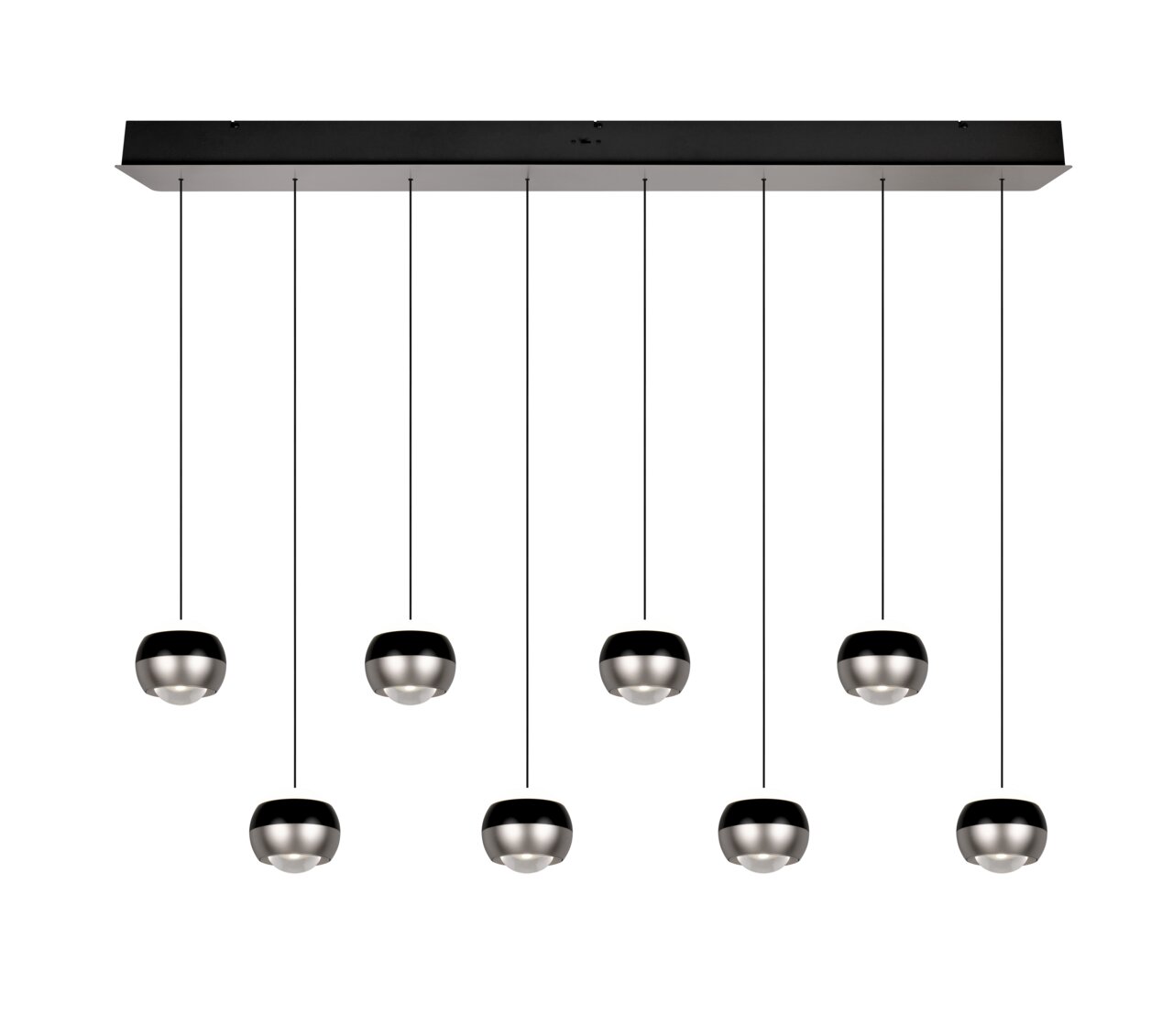 Moderne hanglamp met acht bolvormige lampen, gezien vanaf de voorkant.
