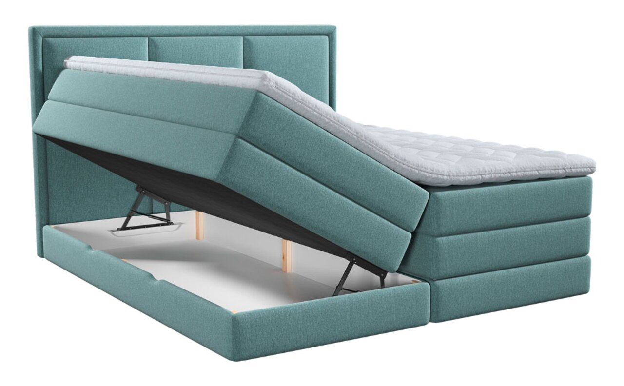 Boxspringbed XORA SWING in turkoois met open opbergruimte, zijaanzicht