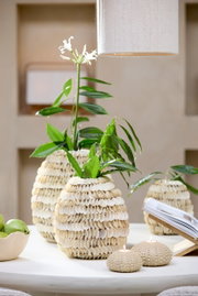 Vase mit Muscheldekor, gefüllt mit grünen Blättern und weißen Blüten, auf einem Tisch aus der Seitenperspektive.