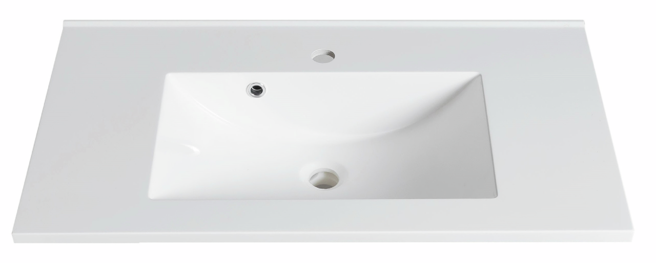 Moderner weißer Waschtisch mit rechteckiger Form, aus der Vogelperspektive fotografiert.