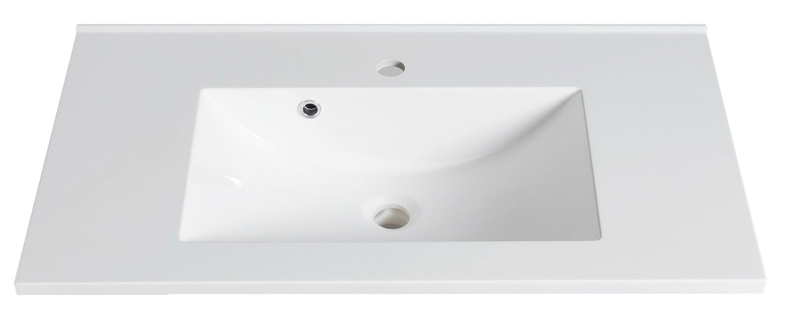 Moderner weißer Waschtisch mit rechteckiger Form, aus der Vogelperspektive fotografiert.