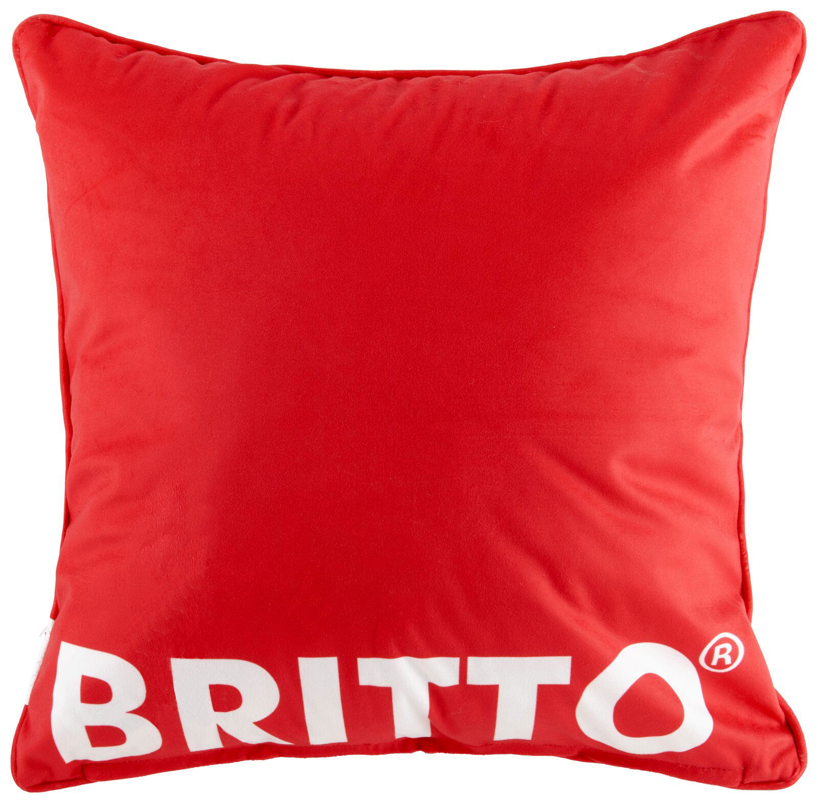 Rote Britto Kissenhülle mit großem weißen Schriftzug 'BRITTO' auf der Vorderseite, frontal abgebildet.