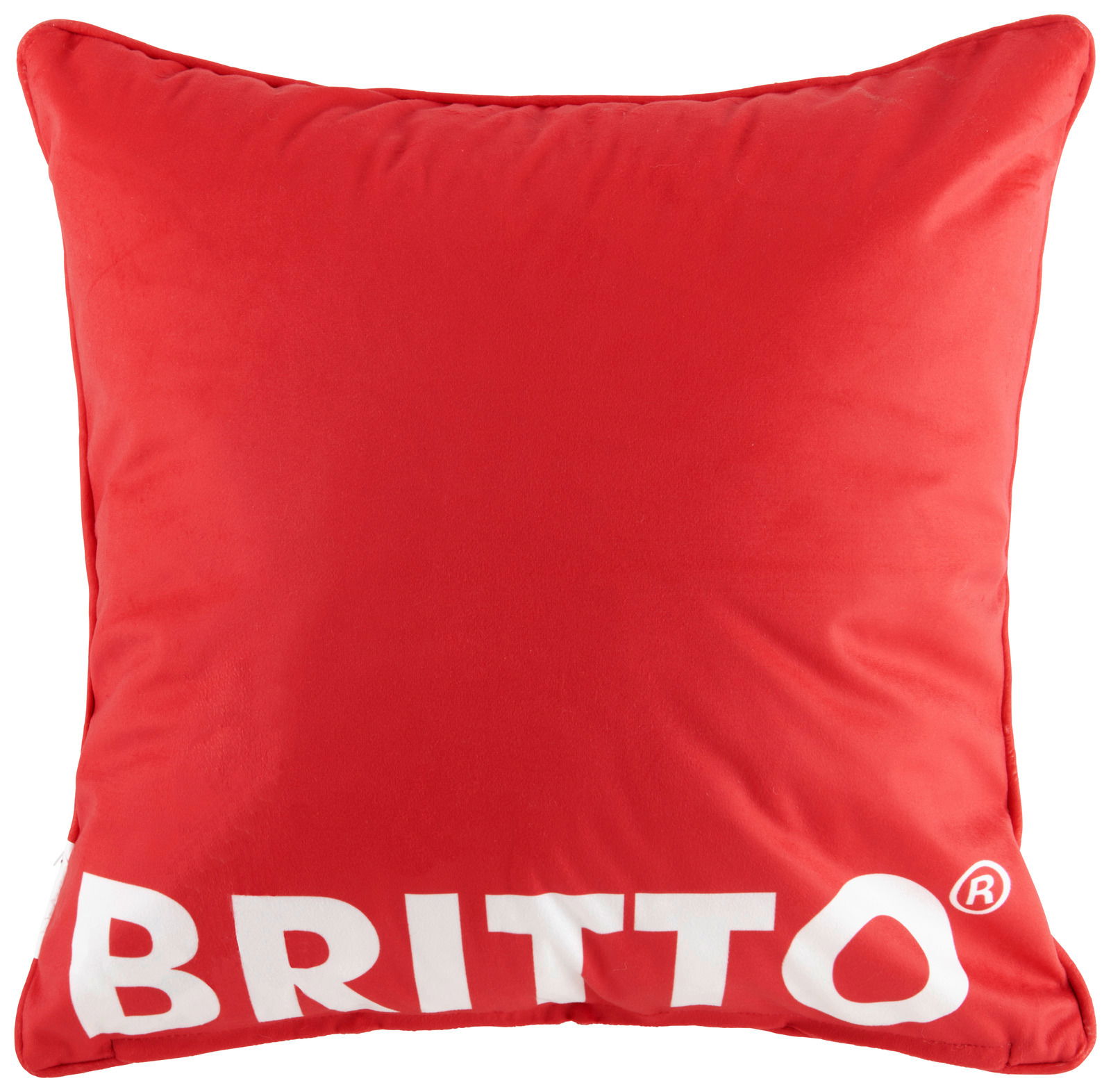 Rote Britto Kissenhülle mit großem weißen Schriftzug 'BRITTO' auf der Vorderseite, frontal abgebildet.