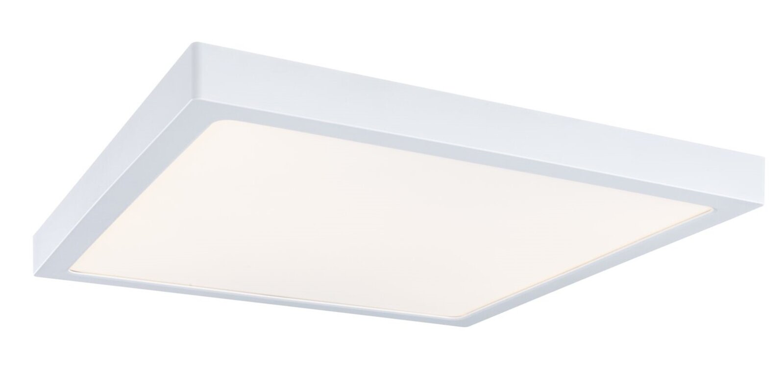 Quadratische LED-Deckenleuchte in Weiß mit flacher Bauform und opaler Lichtfläche, in schräger Ansicht von unten auf weißem Hintergrund