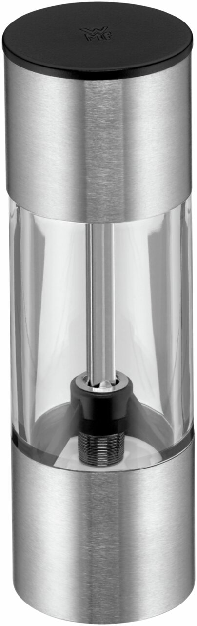 Silberne Minimühle aus Edelstahl und Glas, seitliche Perspektive