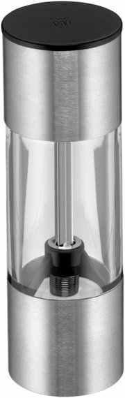 Zilveren mini-molen van roestvrij staal en glas, zijaanzicht