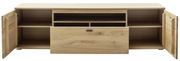 TV-Lowboard aus Holz mit offenen Türen und Schubladen, Frontalansicht