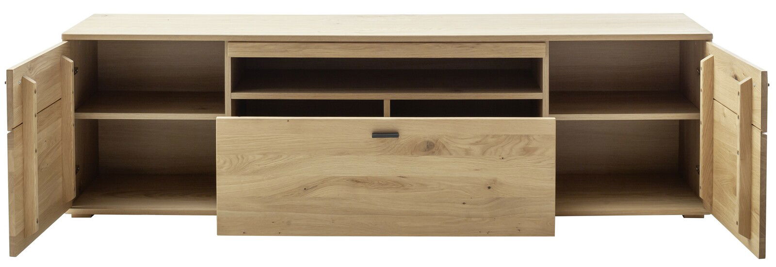 TV-Lowboard aus Holz mit offenen Türen und Schubladen, Frontalansicht