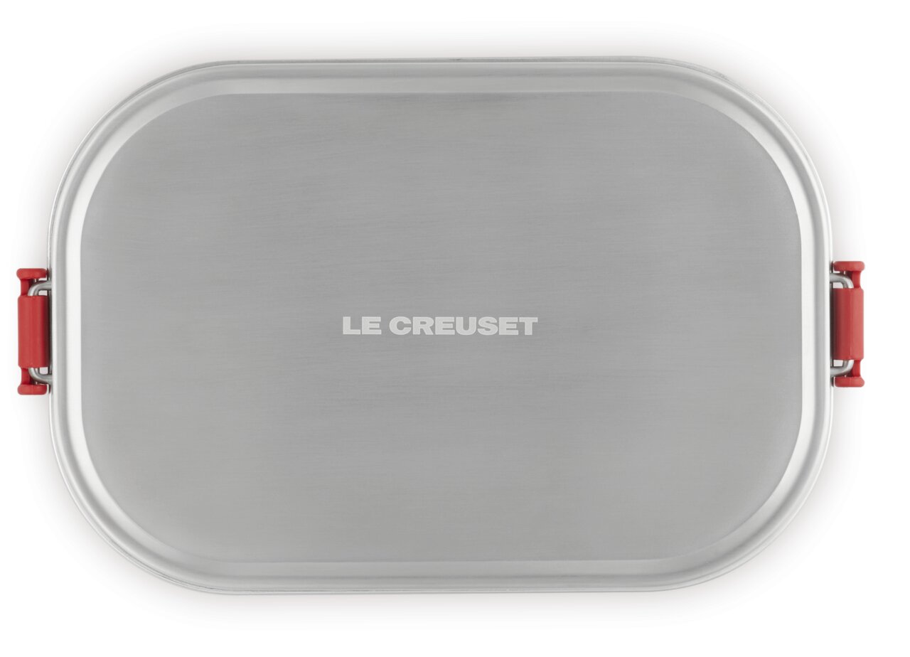 Lunchbox 900ml Kirschrot von oben mit silbernem Deckel und rotem Verschluss