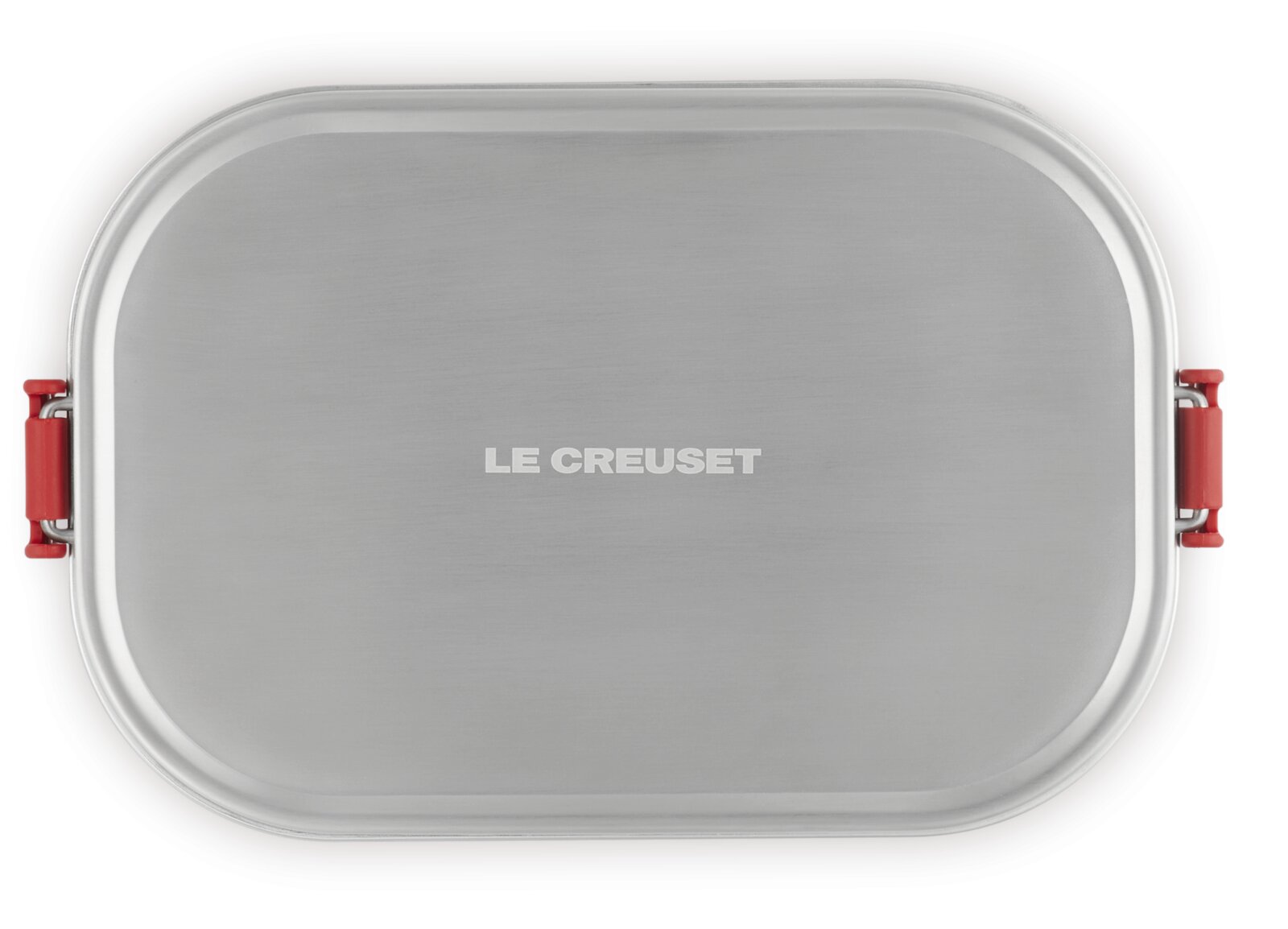 Lunchbox 900 ml kersenrood, gezien van bovenaf, met een zilveren deksel en een rode sluiting