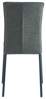 Rückansicht eines Stuhls mit grauem Stoffbezug und schwarzen Metallbeinen