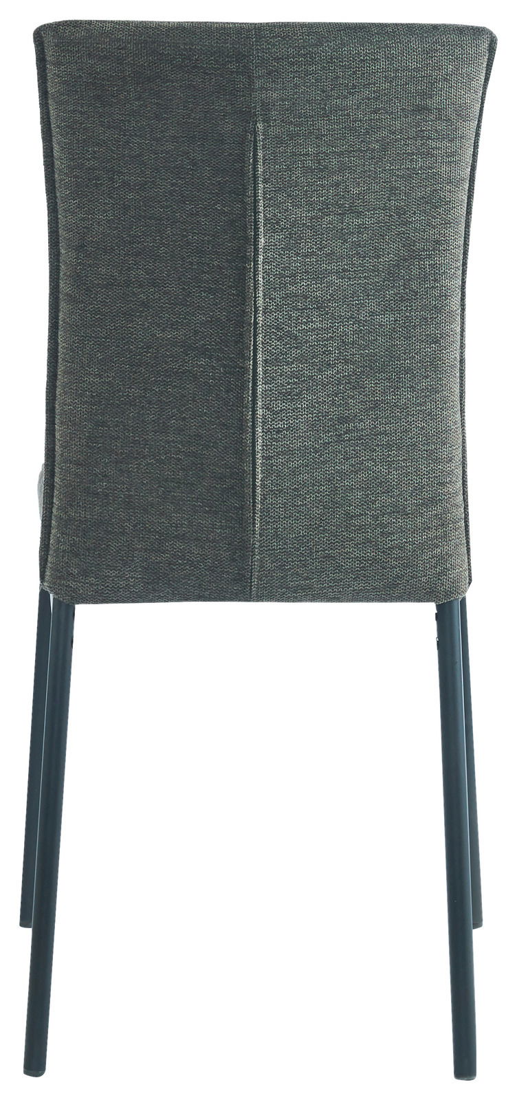 Rückansicht eines Stuhls mit grauem Stoffbezug und schwarzen Metallbeinen