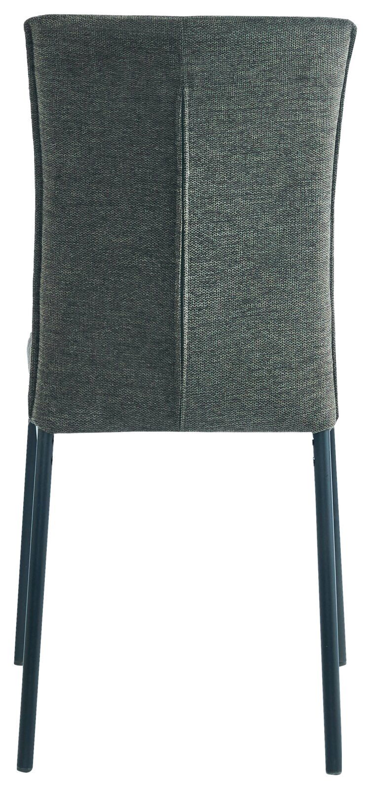 Rückansicht eines Stuhls mit grauem Stoffbezug und schwarzen Metallbeinen