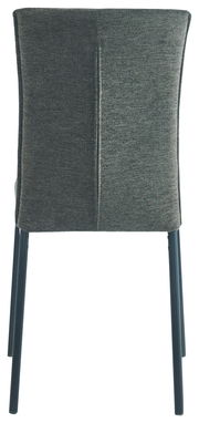 Rückansicht eines Stuhls mit grauem Stoffbezug und schwarzen Metallbeinen