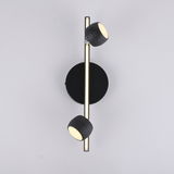 Moderne schwarze Deckenleuchte mit zwei verstellbaren Strahlern, Ansicht von oben.