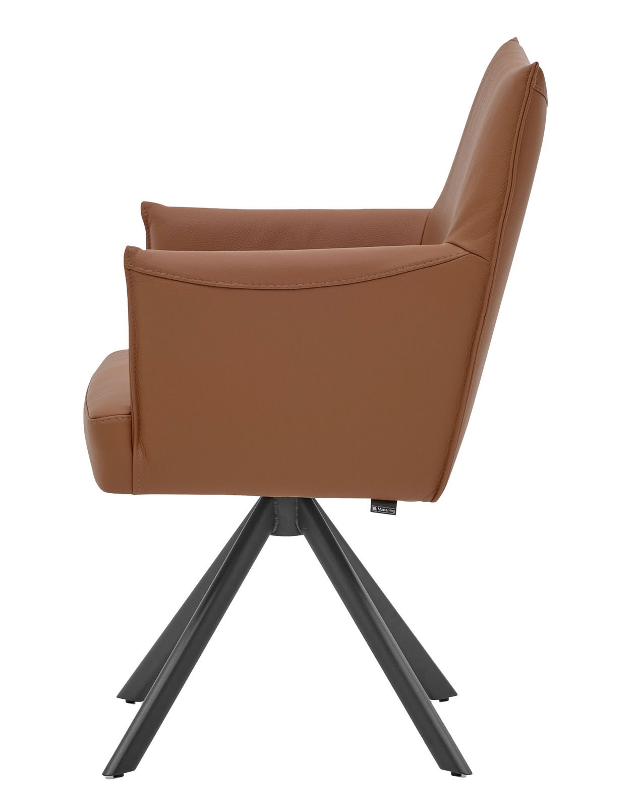 Seitenansicht eines braunen Armlehnstuhls mit schwarzem Metallgestell