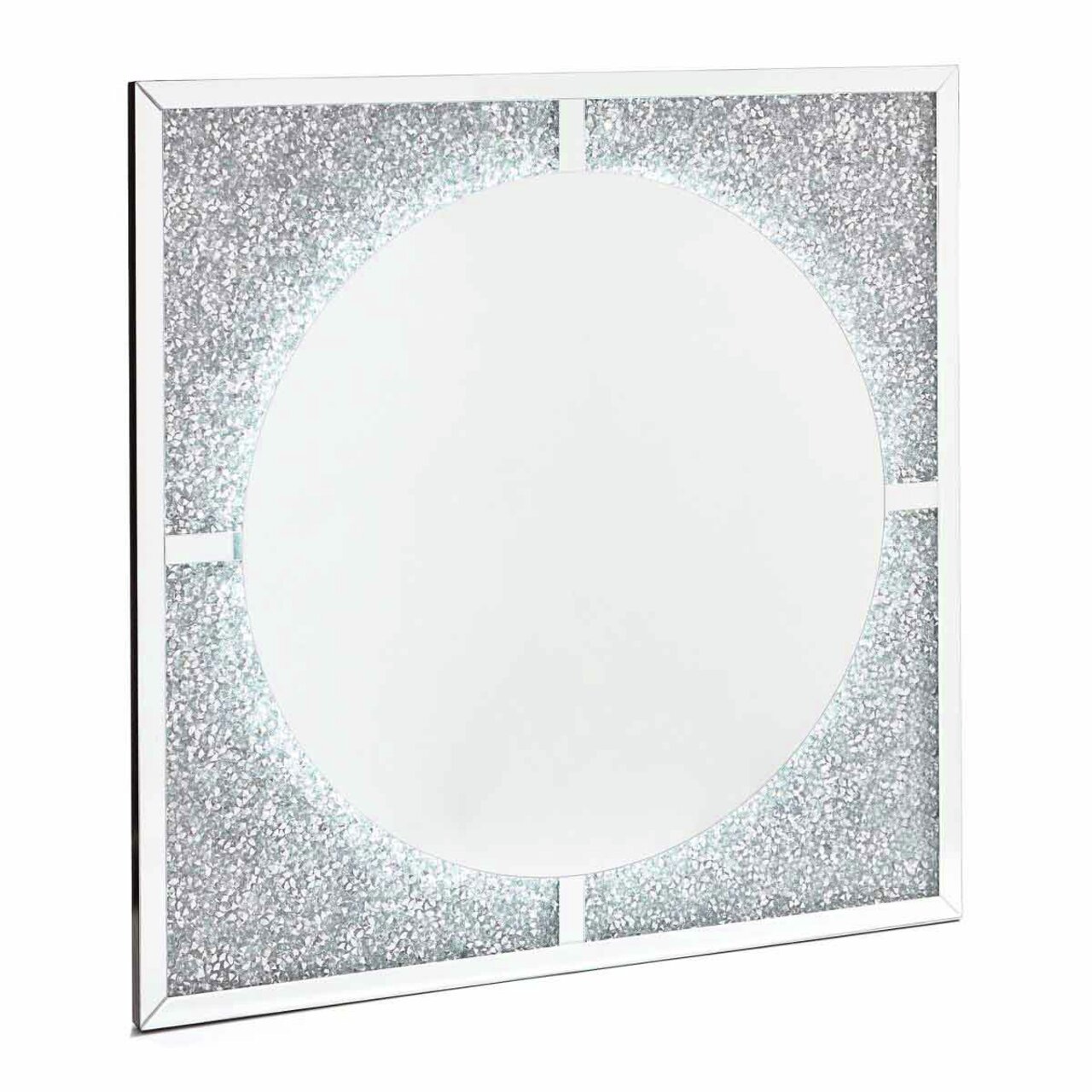 LED-Spiegel mit quadratischem Rahmen und rundem Spiegel, seitliche Perspektive