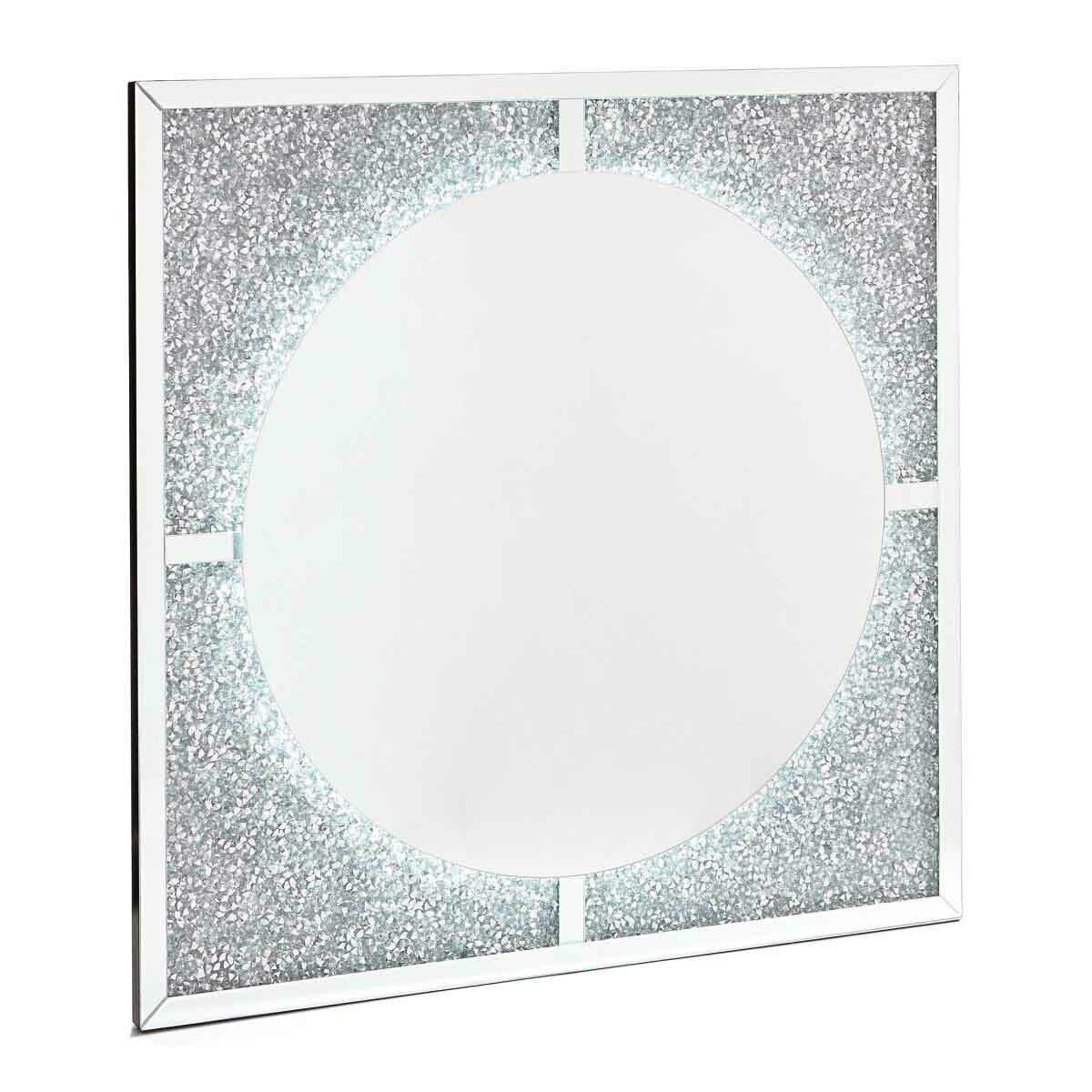 LED-Spiegel mit quadratischem Rahmen und rundem Spiegel, seitliche Perspektive