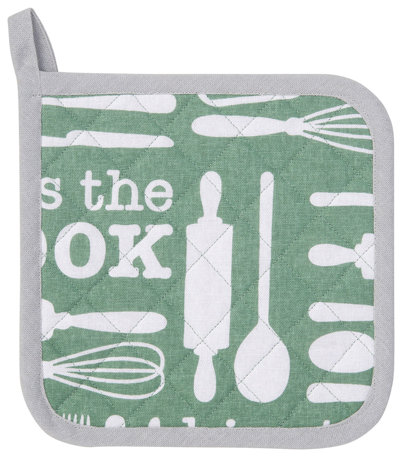 Grüner Topflappen mit weißen Küchenutensilien und dem Text 'Kiss The Cook', Vorderansicht