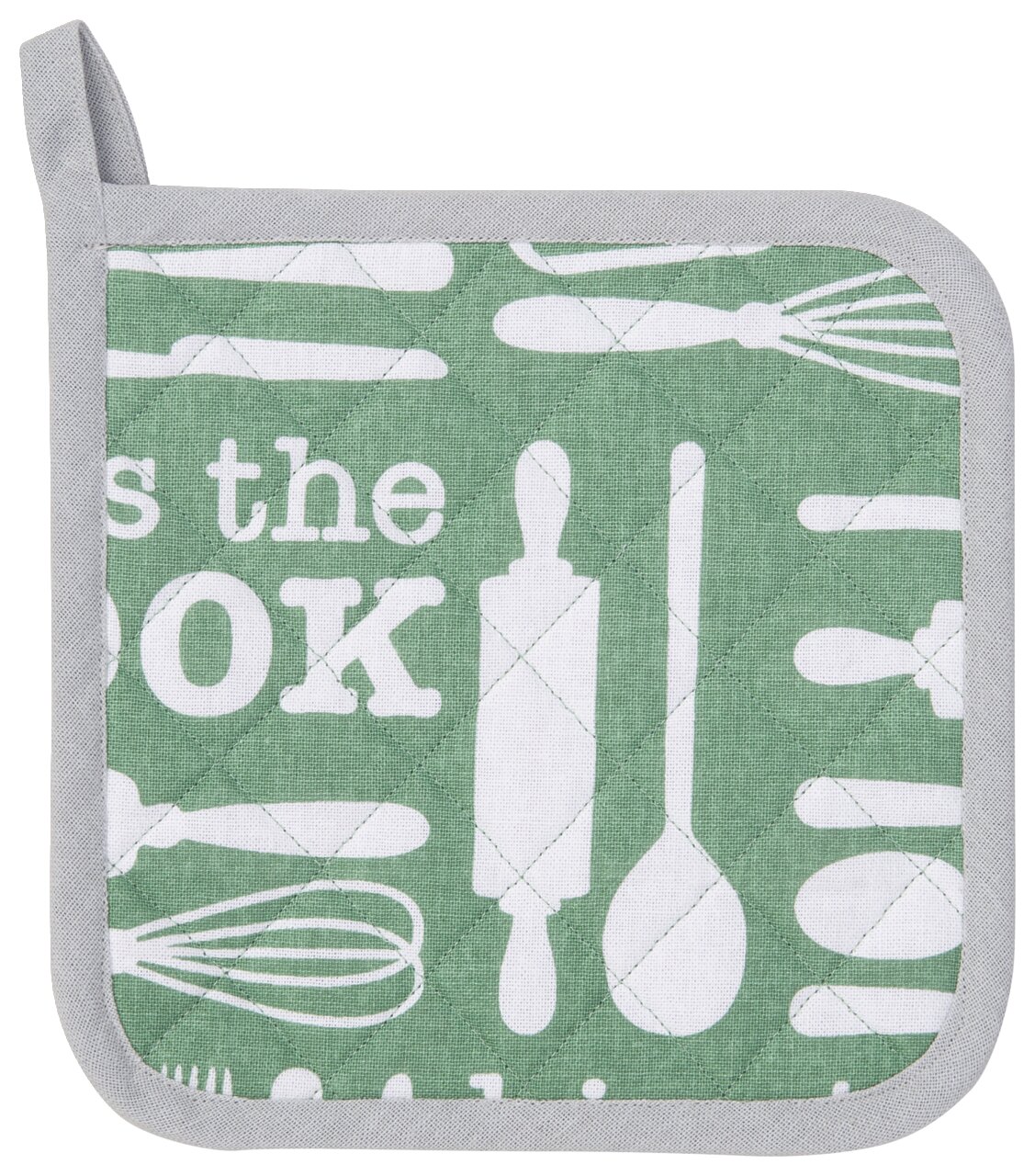 Grüner Topflappen mit weißen Küchenutensilien und dem Text 'Kiss The Cook', Vorderansicht