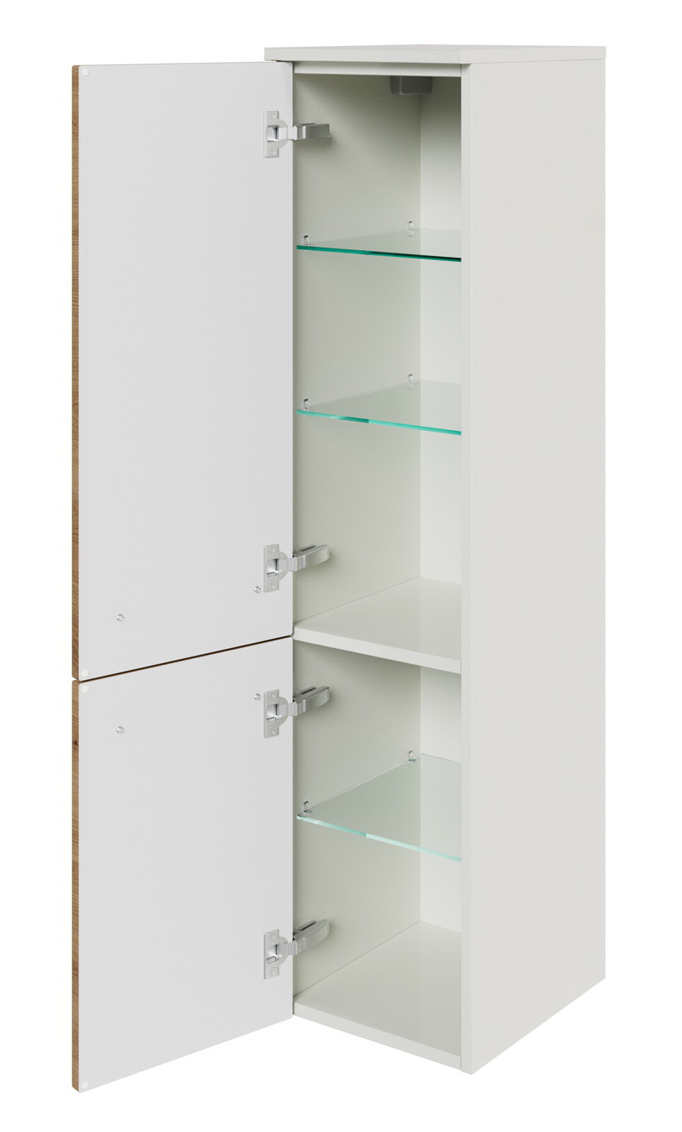 Sadena Midischrank PLAKA Weißer Midischrank mit zwei geöffneten Türen und Glasböden, seitliche Perspektive