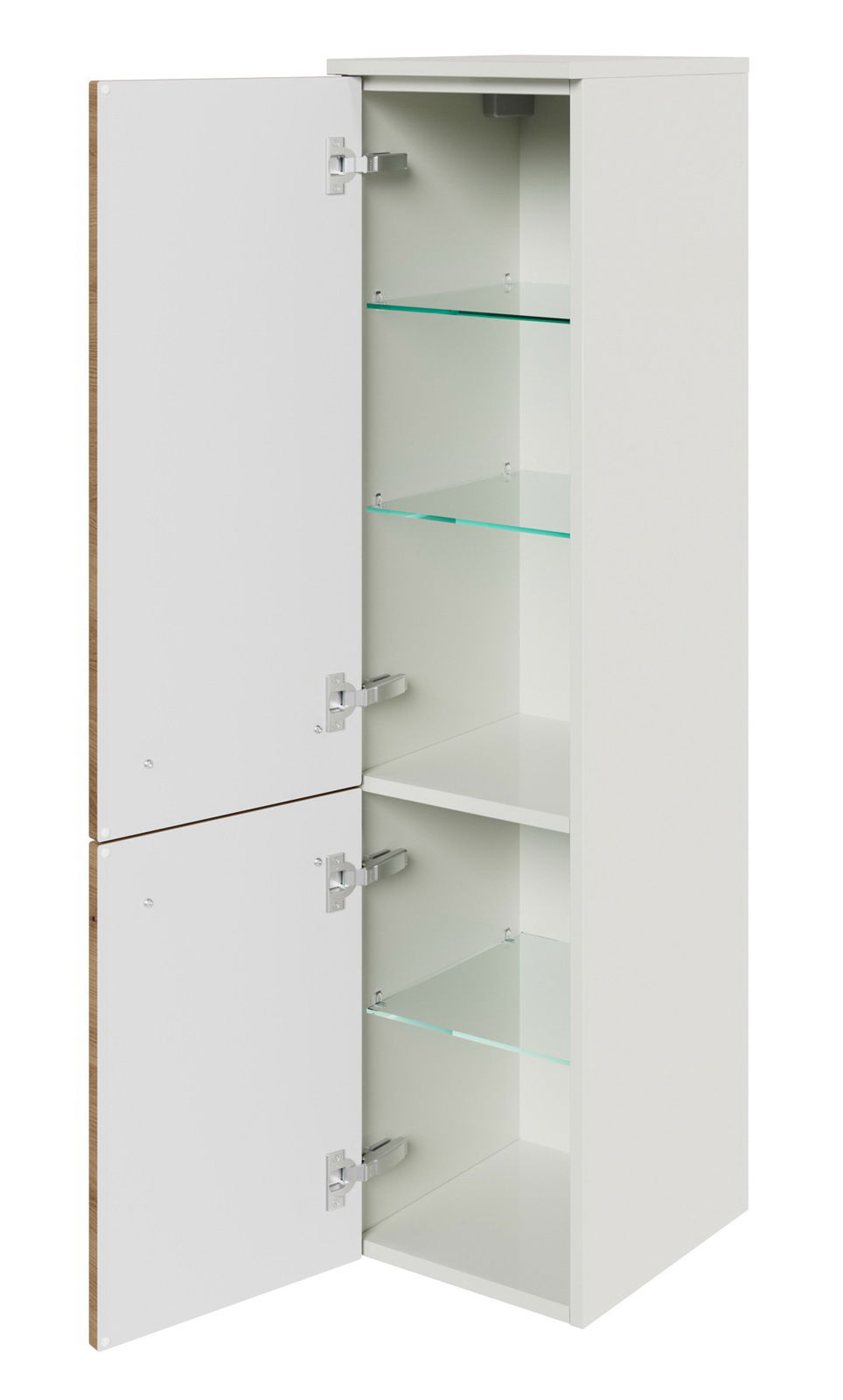 Weißer Midischrank mit zwei geöffneten Türen und Glasböden, seitliche Perspektive