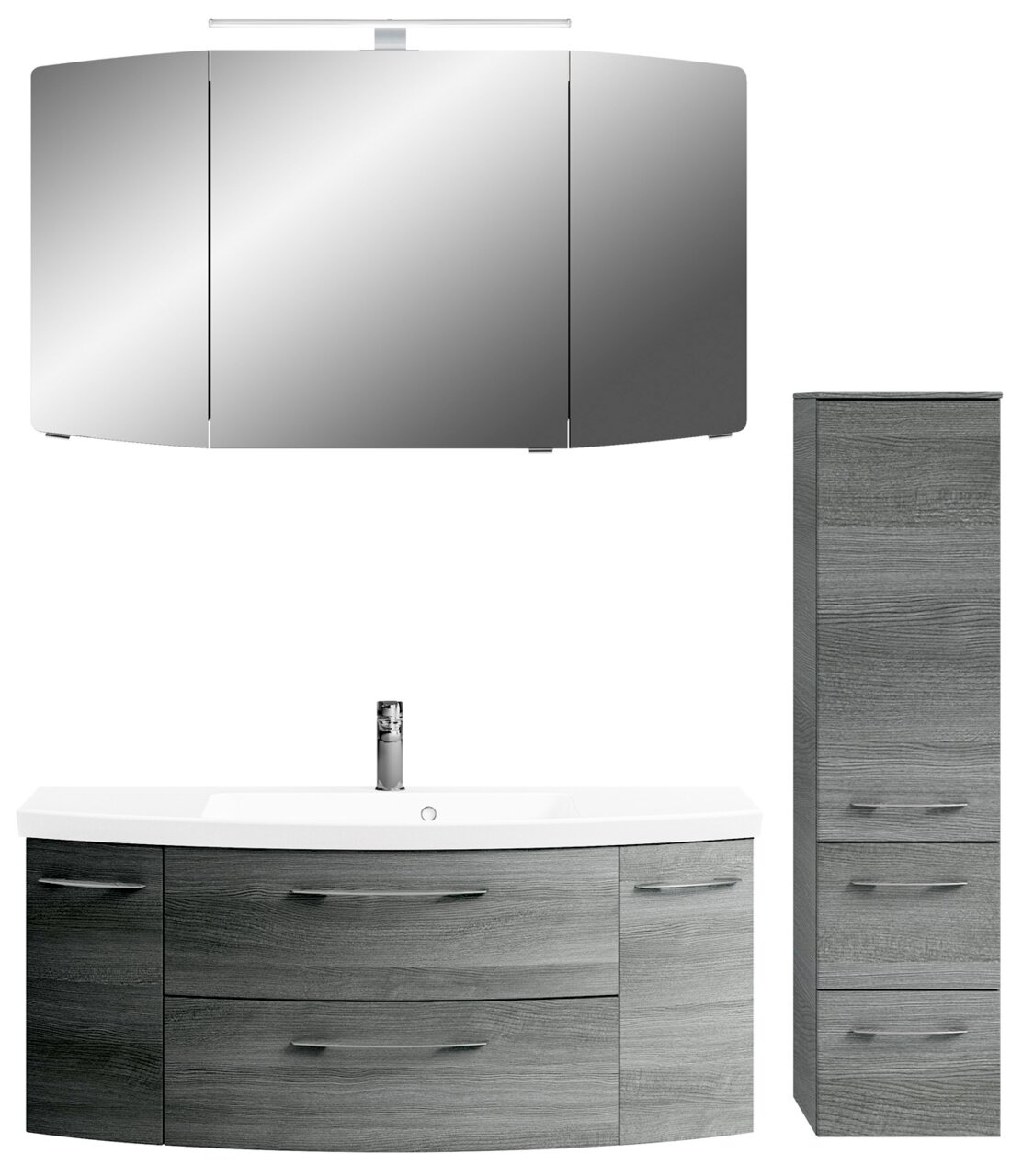 Pelipal Badkombination CASSCA SPRINT Moderne Badkombination in grauer Holzoptik mit Spiegelschrank, Waschbeckenunterschrank und hohem Seitenschrank, frontal betrachtet.