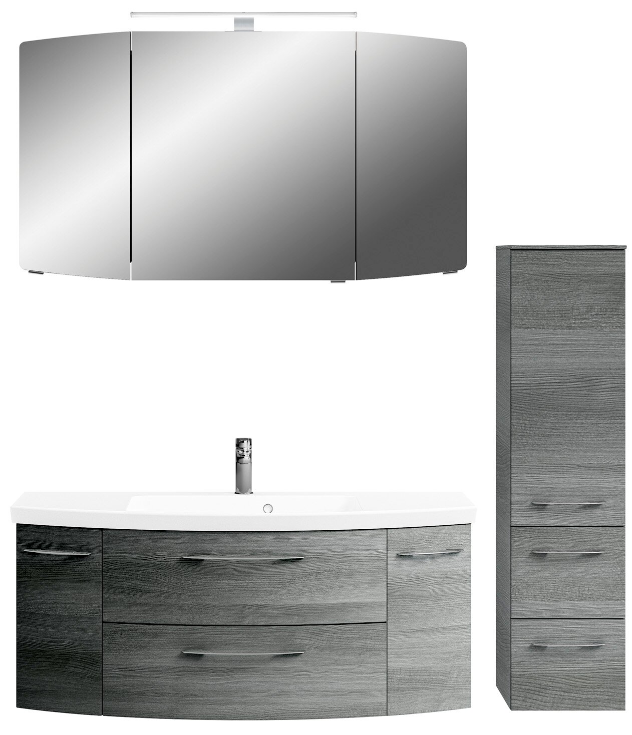 Moderne badkamercombinatie in grijze houtlook met spiegelkast, wastafelonderkast en hoge zijkast, gezien vanaf de voorkant.
