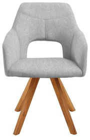 Grauer Sessel mit Holzbeinen, Frontalansicht