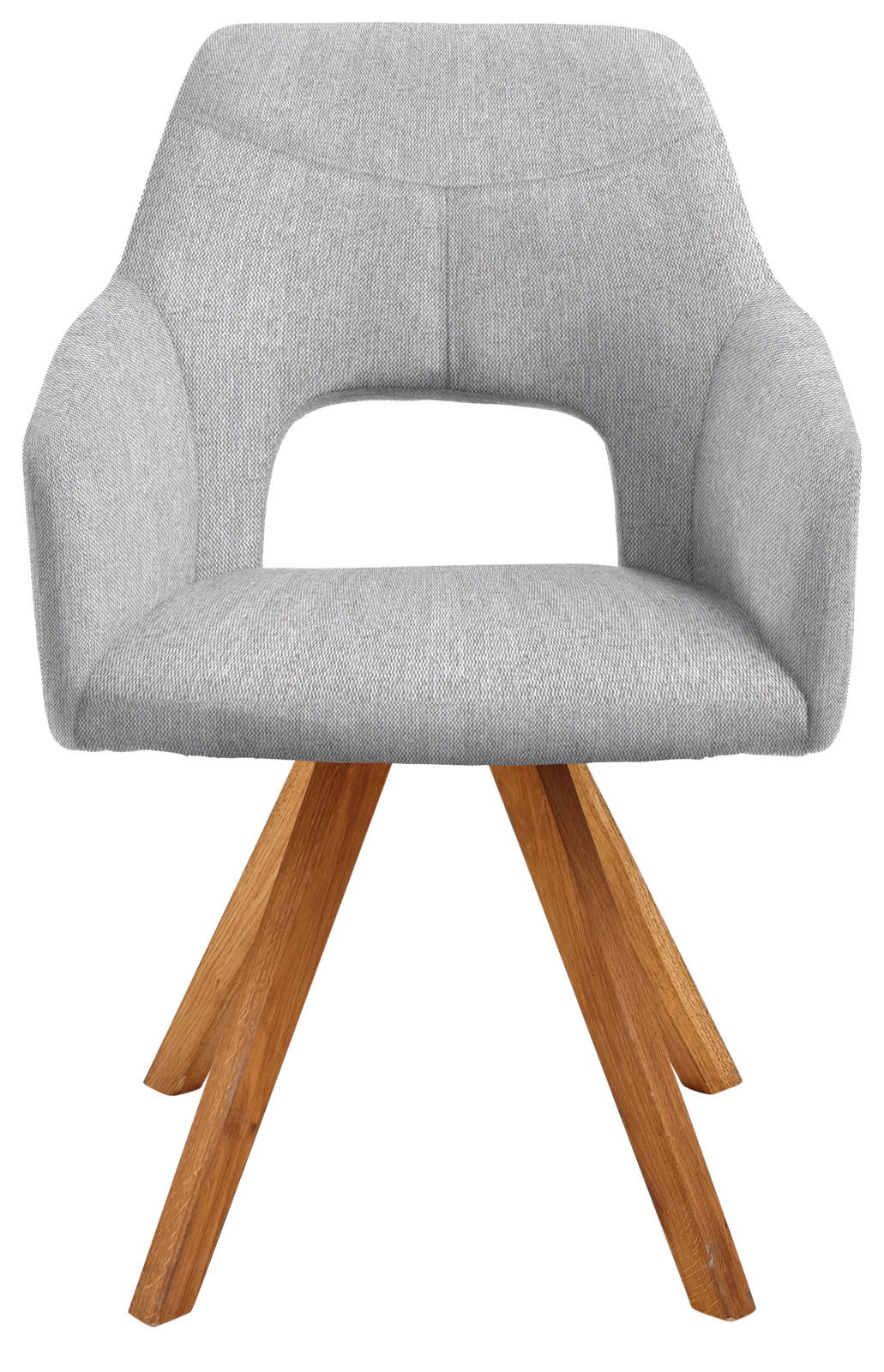 Grauer Sessel mit Holzbeinen, Frontalansicht