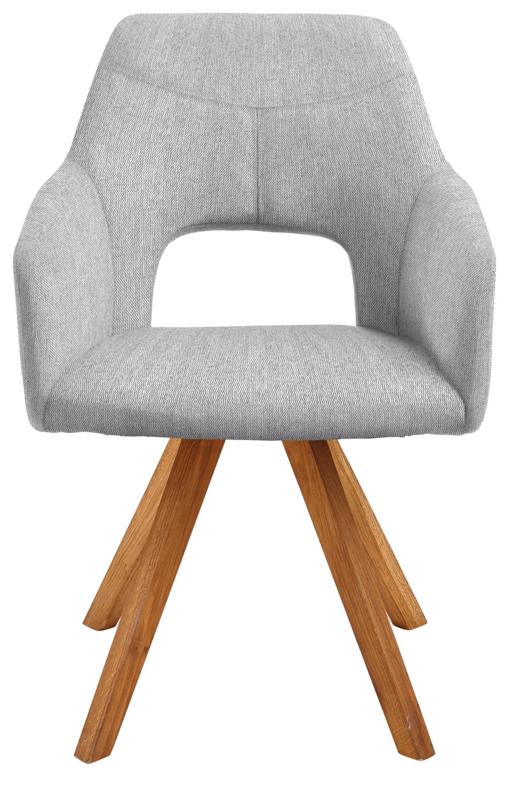 Grauer Sessel mit Holzbeinen, Frontalansicht