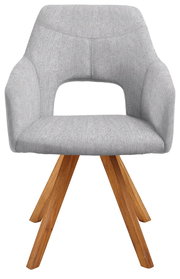 Grauer Sessel mit Holzbeinen, Frontalansicht