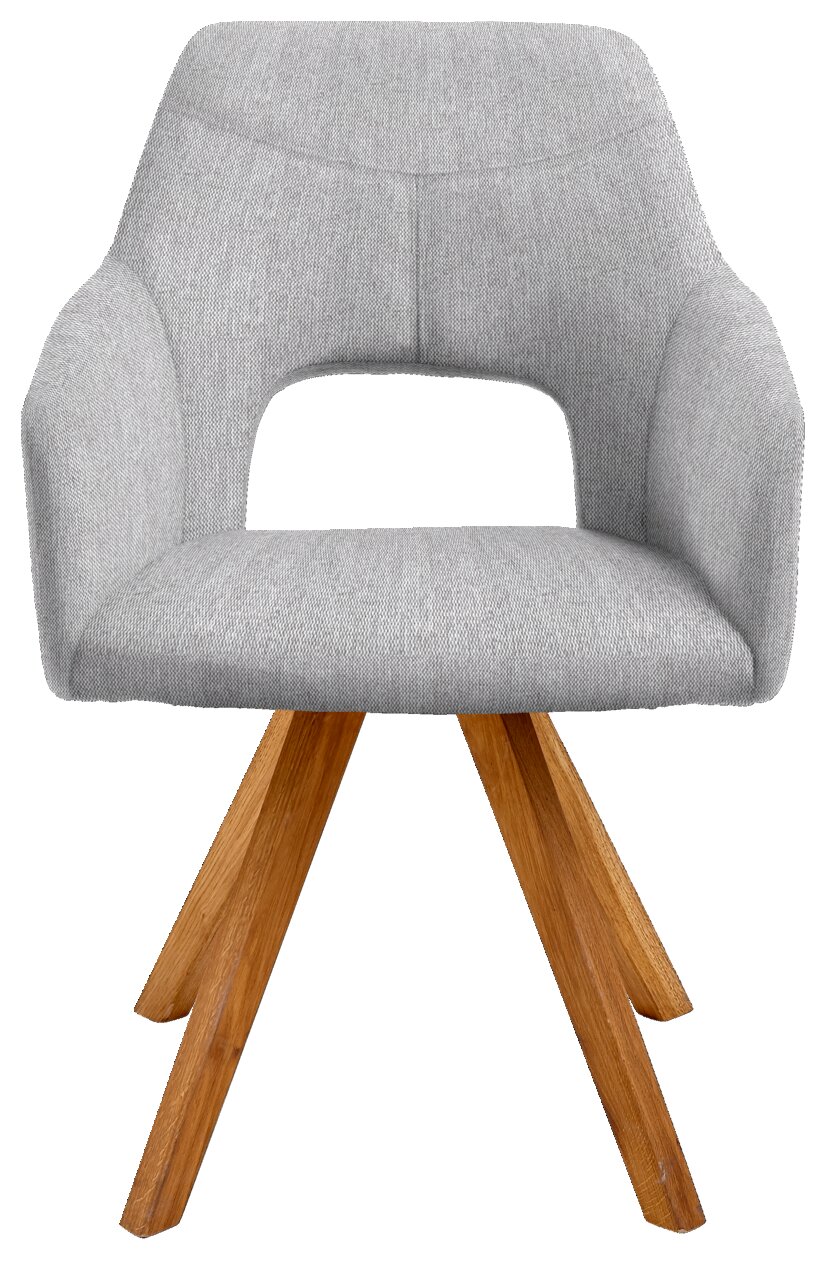 Grauer Sessel mit Holzbeinen, Frontalansicht