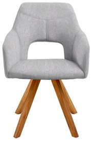 Grauer Sessel mit Holzbeinen, Frontalansicht