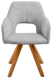 Grijze fauteuil met houten poten, vooraanzicht