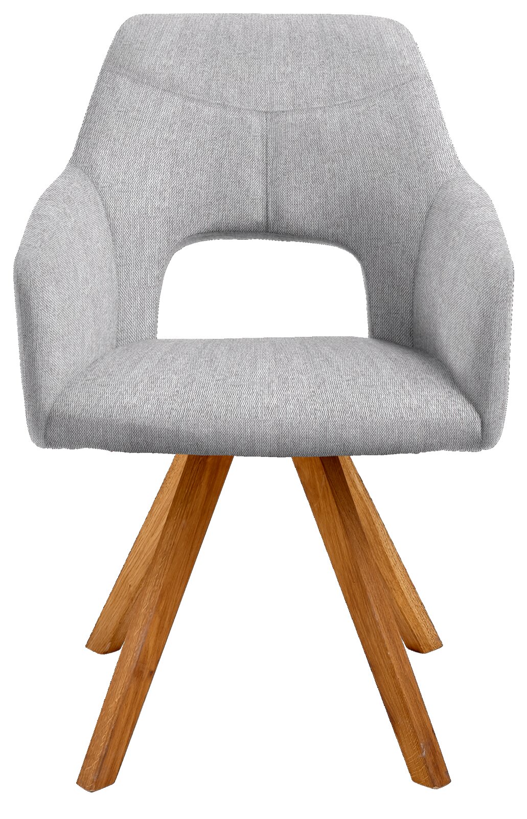 Grijze fauteuil met houten poten, vooraanzicht