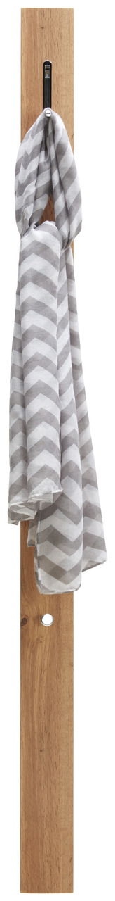 Garderobenpaneel aus Holz mit einem Haken, an dem ein gestreifter Schal hängt, frontal abgebildet.