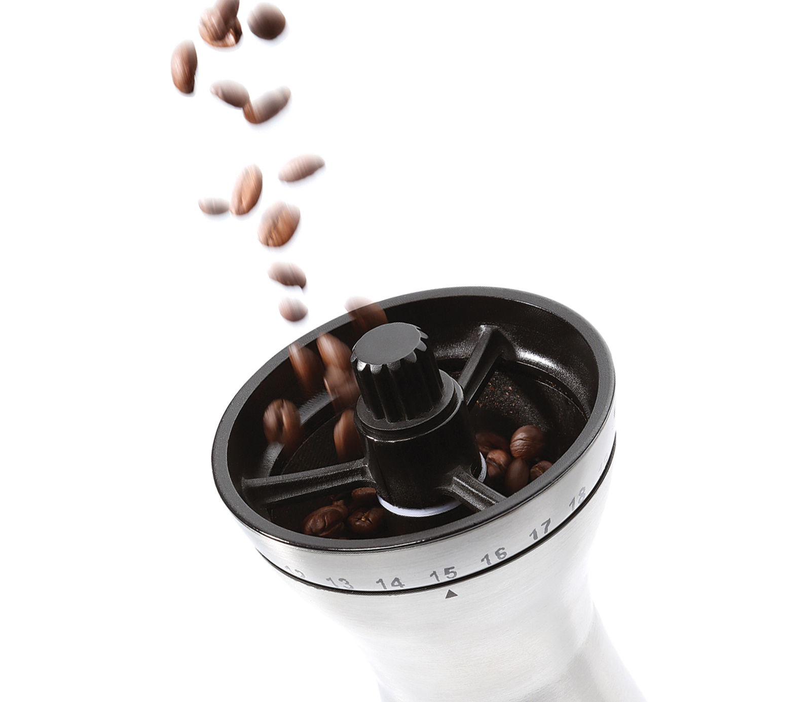 Kaffeemühle Manaos von oben mit fallenden Kaffeebohnen