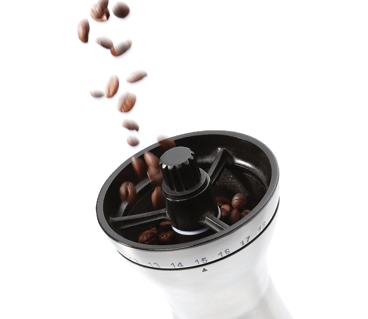 Kaffeemühle Manaos von oben mit fallenden Kaffeebohnen