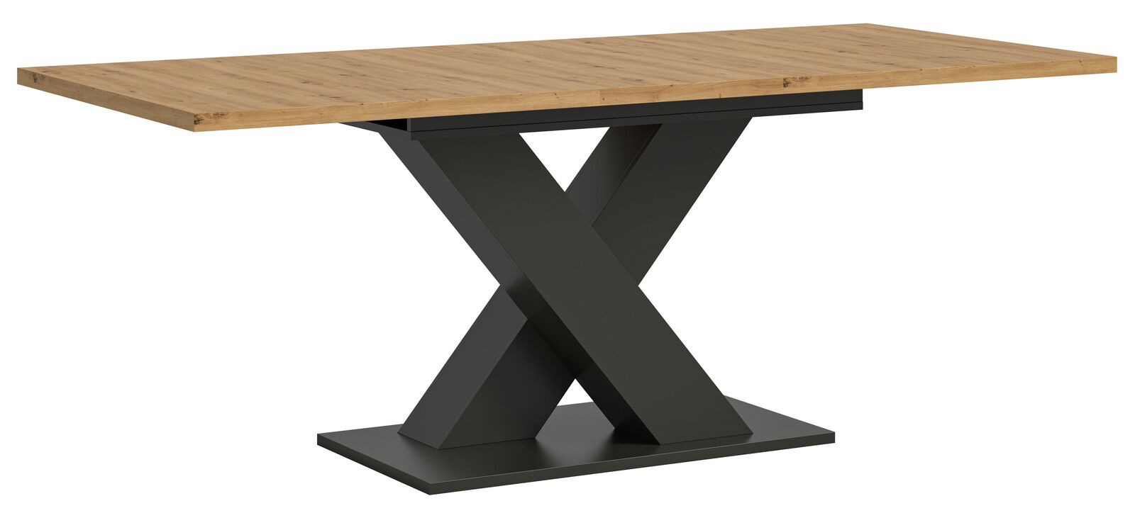 Moderner Esstisch mit Holztischplatte und schwarzem X-förmigem Metallgestell, seitliche Perspektive