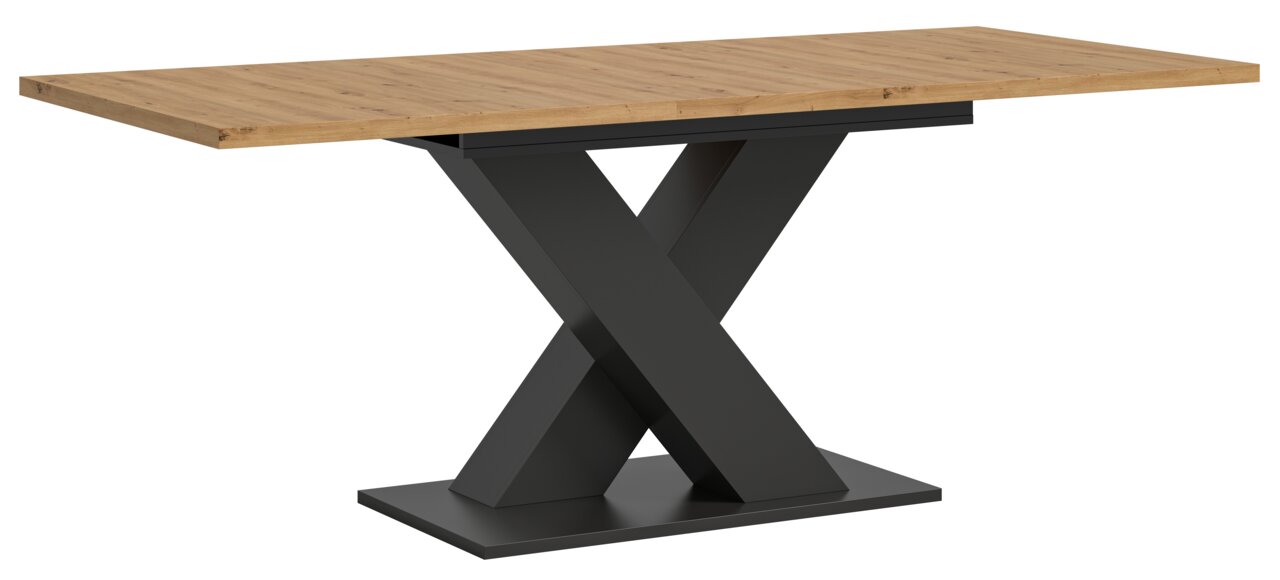 Moderner Esstisch mit Holztischplatte und schwarzem X-förmigem Metallgestell, seitliche Perspektive