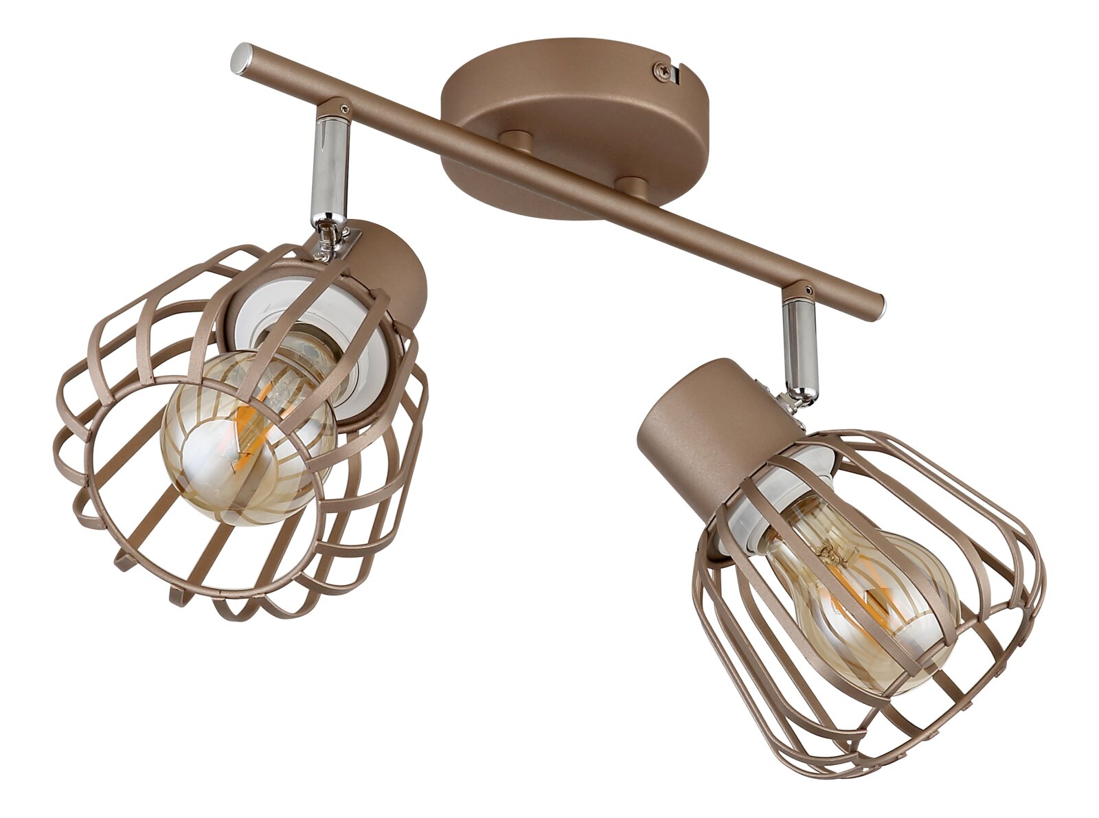 Zweiflammige Deckenleuchte im Industrial-Design in Taupe/Bronze mit zwei verstellbaren Spotköpfen und Drahtkäfig-Schirmen, schräg von unten in 3/4-Perspektive freigestellt auf weißem Hintergrund
