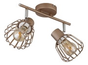 Zweiflammige Deckenleuchte im Industrial-Design in Taupe/Bronze mit zwei verstellbaren Spotköpfen und Drahtkäfig-Schirmen, schräg von unten in 3/4-Perspektive freigestellt auf weißem Hintergrund
