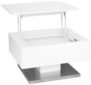 Moderner weißer Couchtisch mit verstellbarer Tischplatte, seitliche Perspektive